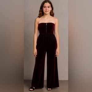 Burgundy Velvet Strapless‎ Wide-Leg Jumpsuit Y2K Dark Academia Retro Teen Sz 11